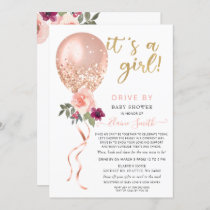 Drive by Floral Balloon Pink Glitter Baby Shower Invitation