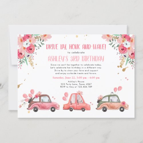 Drive By Floral Pink Gold Through Girl Birthday Invitation