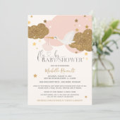 Drive By "Fly By" Stork Pink Gold Girl Baby Shower Invitation (Standing Front)