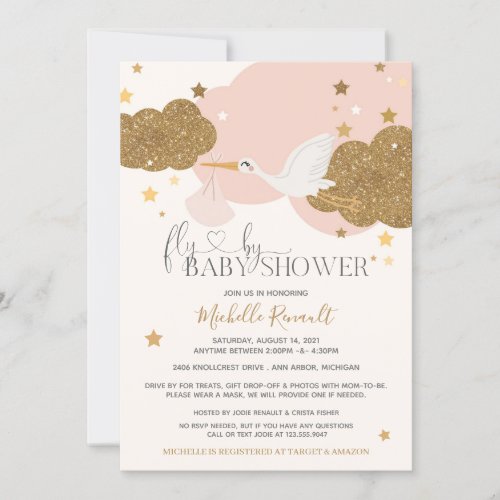 Drive By Fly By Stork Pink Gold Girl Baby Shower Invitation