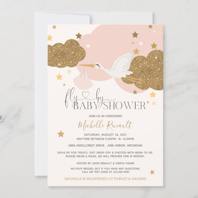 Drive By "Fly By" Stork Pink Gold Girl Baby Shower Invitation (Front)