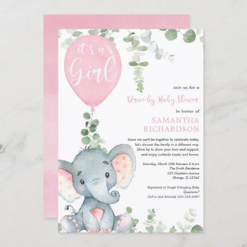 Drive_by girl baby shower cute elephant greenery invitation