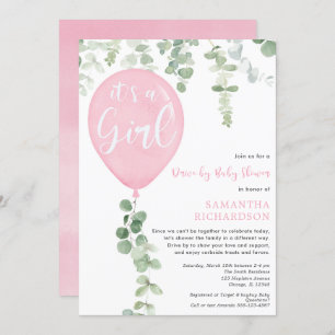 Drive-by girl baby shower pink balloon eucalyptus invitation