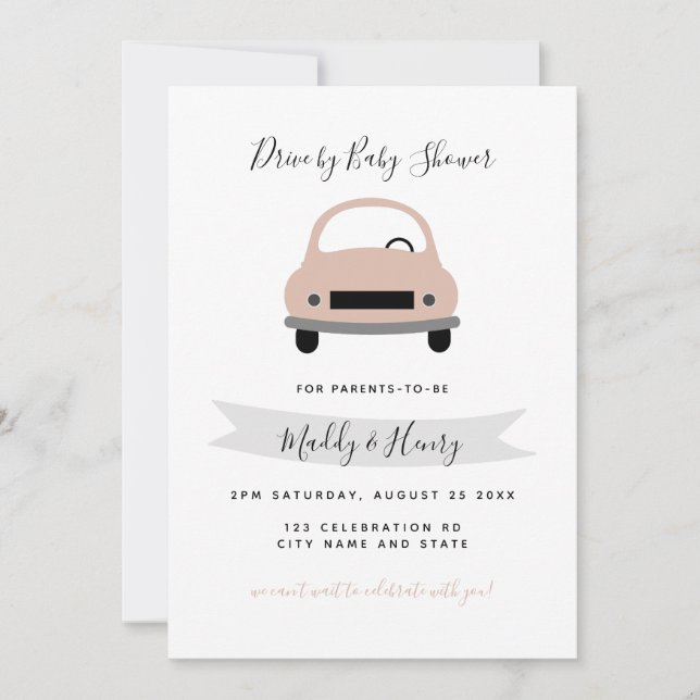Drive by girl baby shower pink gray invitation (Front)