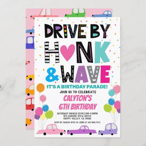 Drive By Girl Birthday Parade Colorful Cars Pink Invitation