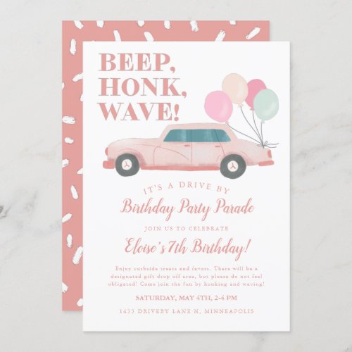 Drive By Girl Birthday Party Pink Vintage Car Invitation