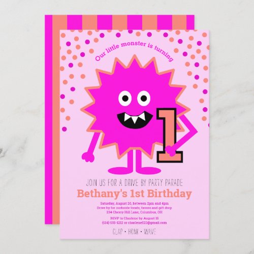 Drive By Hot Pink Cute Little Monster 1st Birthday Invitation
