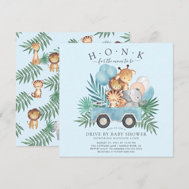 Drive By Jungle Animals Boys Baby Shower Invitation (Front/Back)