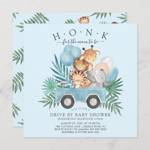 Drive By Jungle Animals Boys Baby Shower Invitation