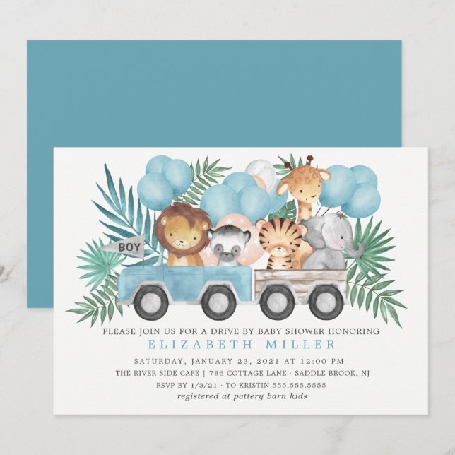 Drive By Jungle Animals Boys Baby Shower Invitation (Front/Back)