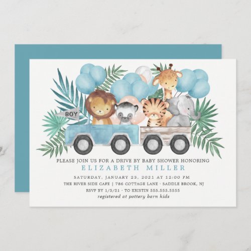 Drive By Jungle Animals Boys Baby Shower Invitation