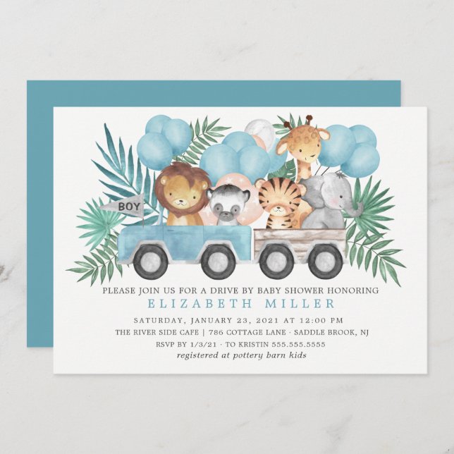 Drive By Jungle Animals Boys Baby Shower Invitation (Front/Back)