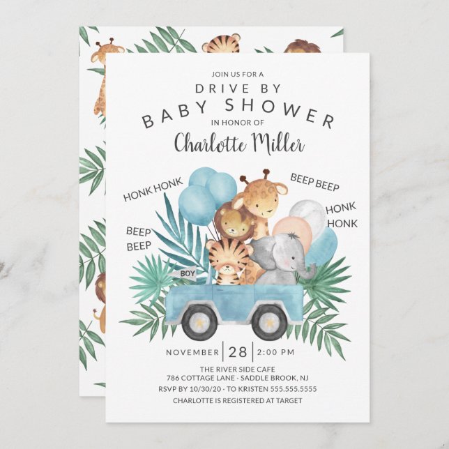 Drive By Jungle Animals Boys Baby Shower Invitation (Front/Back)