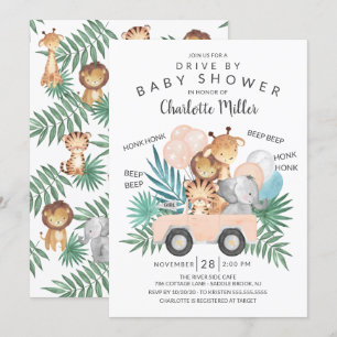 Drive By Jungle Animals Girls Baby Shower Invitation
