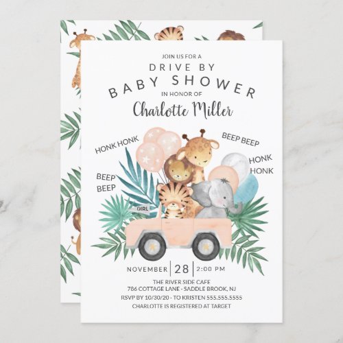 Drive By Jungle Animals Girls Baby Shower Invitation