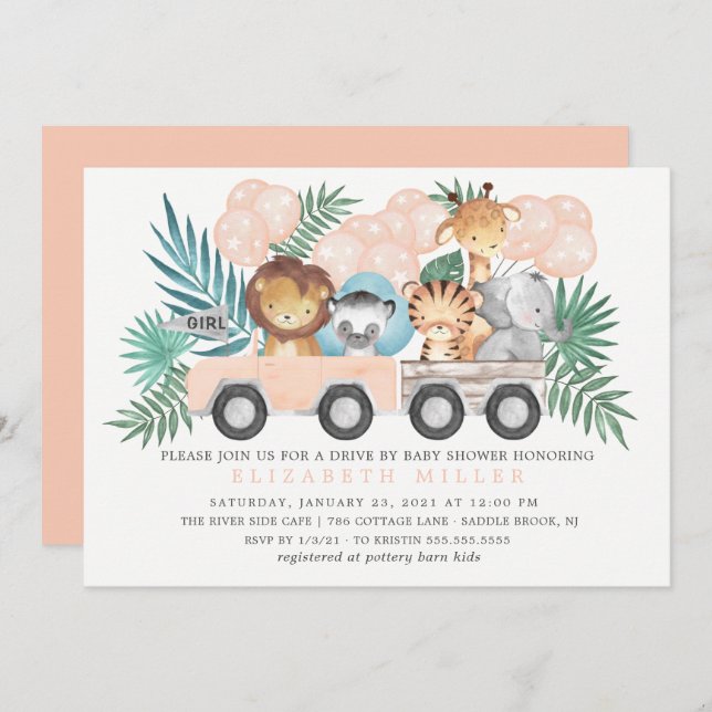 Drive By Jungle Animals Girls Baby Shower Invitation (Front/Back)