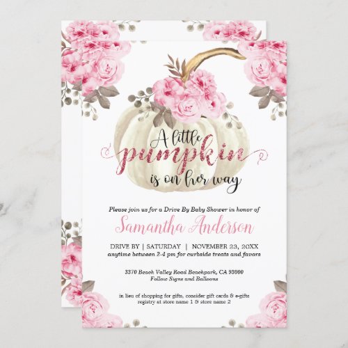 Drive By Little Pumpkin Pink Floral Baby Shower Invitation