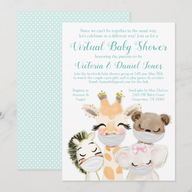 Drive By Mail Baby Shower Baby Animals Masks Invitation (Front/Back)