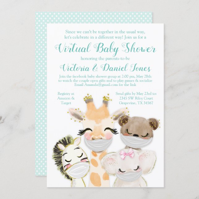 Drive By Mail Baby Shower Baby Animals Masks Invitation (Front/Back)