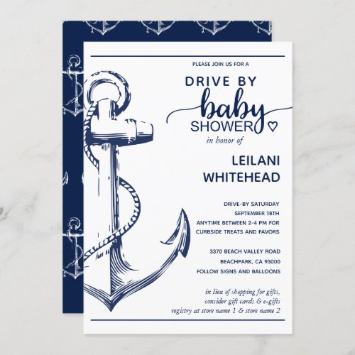 Drive By Nautical Navy Anchor Baby Shower Invitation - Celebrate the new mom to be with this nautical-inspired baby shower invitation. This card features a large sketch anchor on the left side with the text to the right. Baby is written in a hand-lettered font and a special heart beside the shower. The back of the card has an anchor pattern.