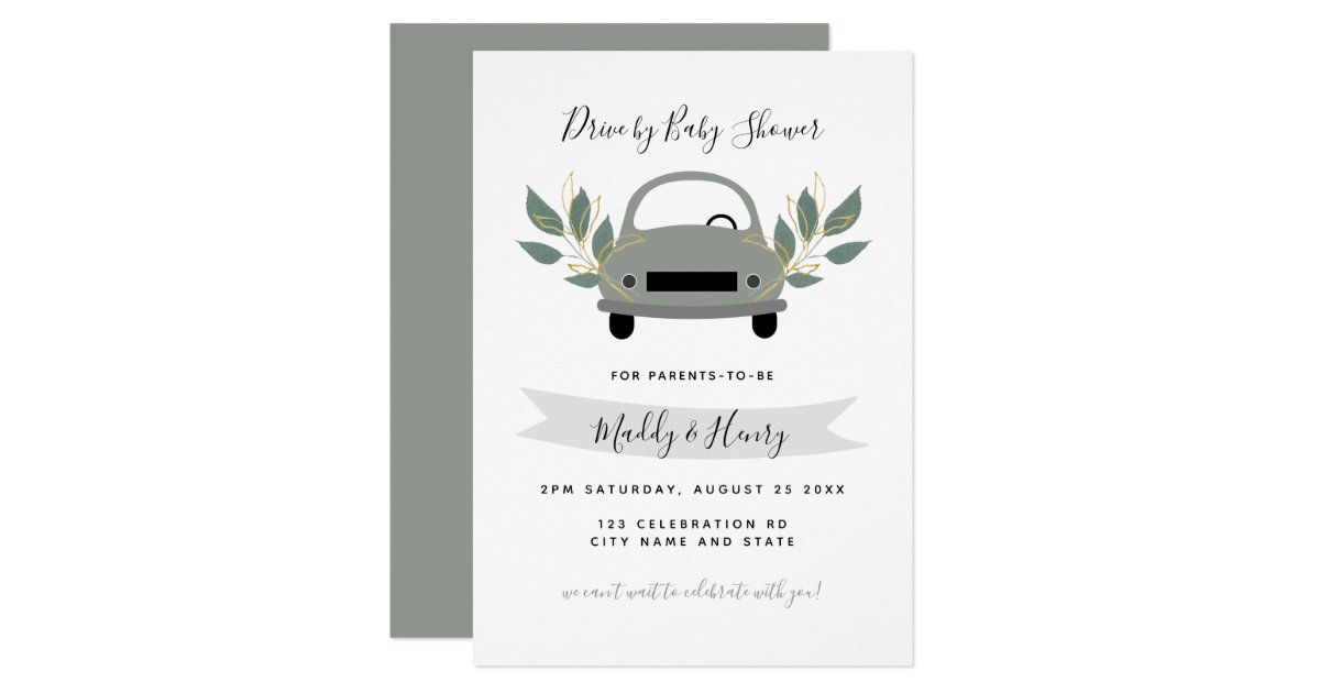 Drive by neutral boy baby shower greenery gray invitation