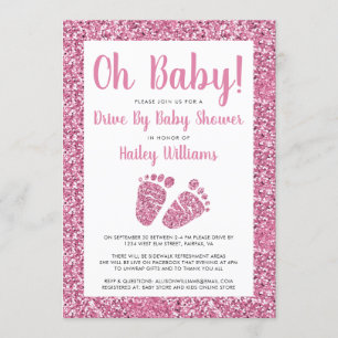 Drive By Oh Baby Pink Glitter Feet Baby Shower Invitation