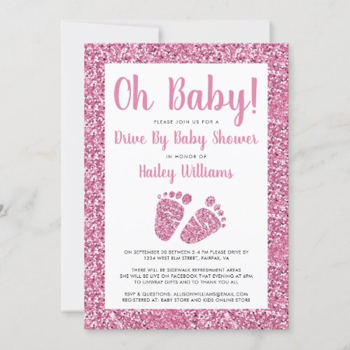 Drive By Oh Baby Pink Glitter Feet Baby Shower Invitation