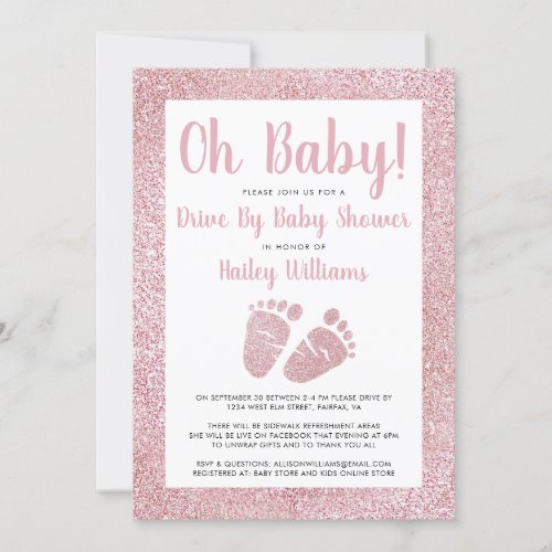 Drive By Oh Baby Pink Glitter Feet Baby Shower Invitation