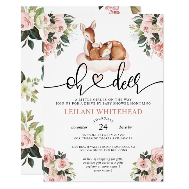Drive By Oh Deer Baby Shower Watercolor Floral Invitation