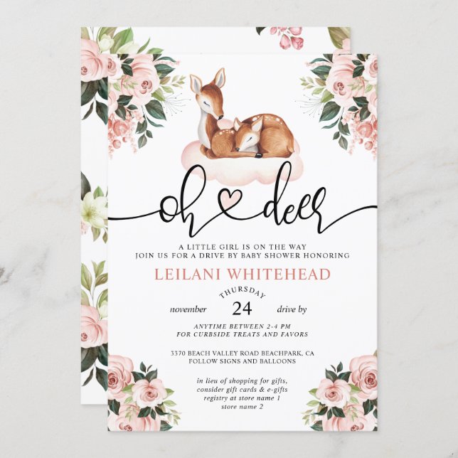 Drive By Oh Deer Baby Shower Watercolor Floral Invitation (Front/Back)
