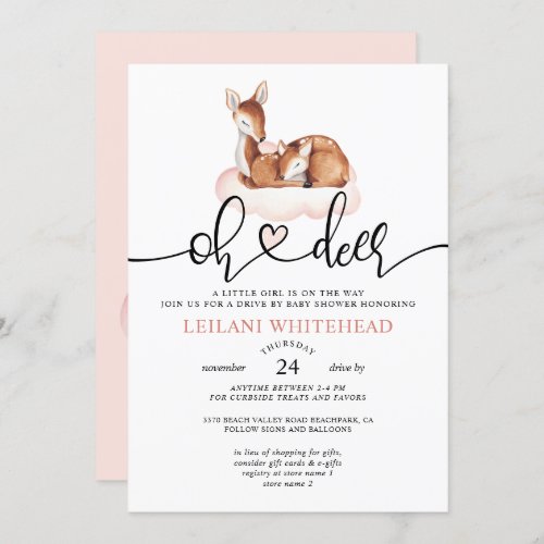 Drive By Oh Deer Baby Shower Watercolor Pink Cloud Invitation