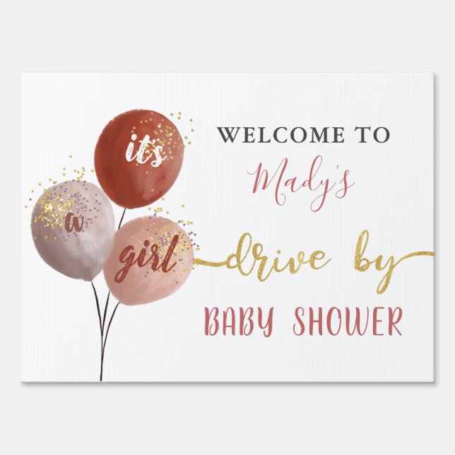 Drive by Pink Balloon and Sparkles Baby Shower Sign (Front)