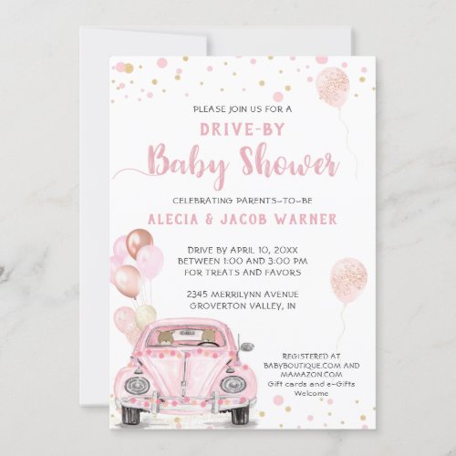 Drive By Pink Car Balloons Confetti Baby Shower Invitation