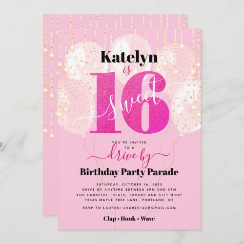 Drive By Pink Glitter Sweet 16 Birthday Balloons Invitation