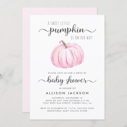 Drive By Pink Pumpkin Watercolor Baby Girl Shower Invitation