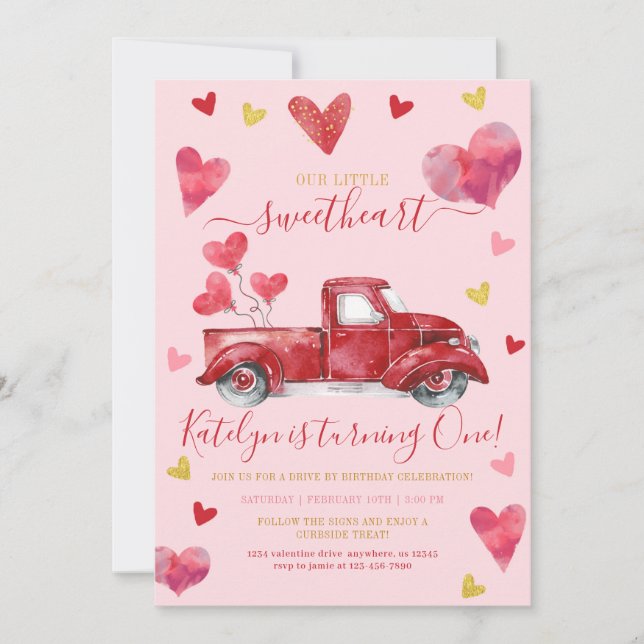 Drive By Pink Valentine Hearts Birthday Invitation (Front)