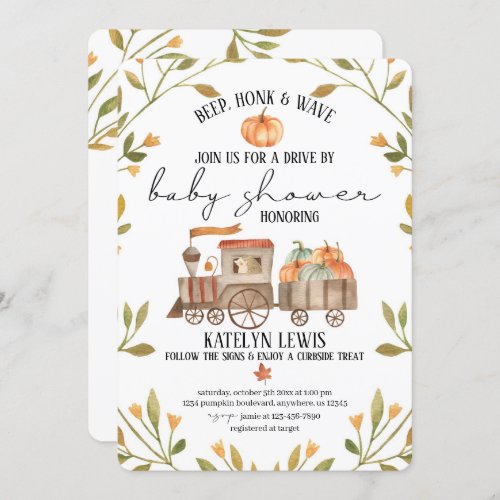 Drive By Pumpkin Baby Shower Invitation with Train