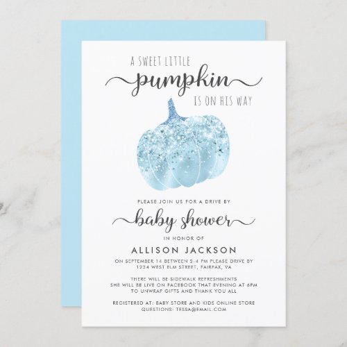 Drive By Pumpkin Blue Glitter Sparkle Baby Shower Invitation