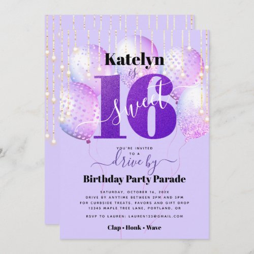 Drive By Purple Glitter Sweet 16 Birthday Balloons Invitation