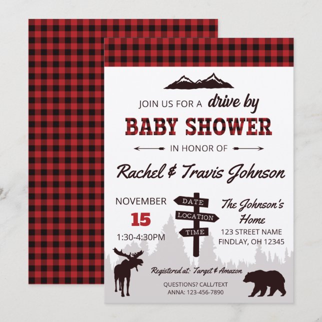 Drive By Red Buffalo Plaid Baby Shower Invitation (Front/Back)