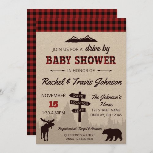 Drive By Red Buffalo Plaid Baby Shower Invitation