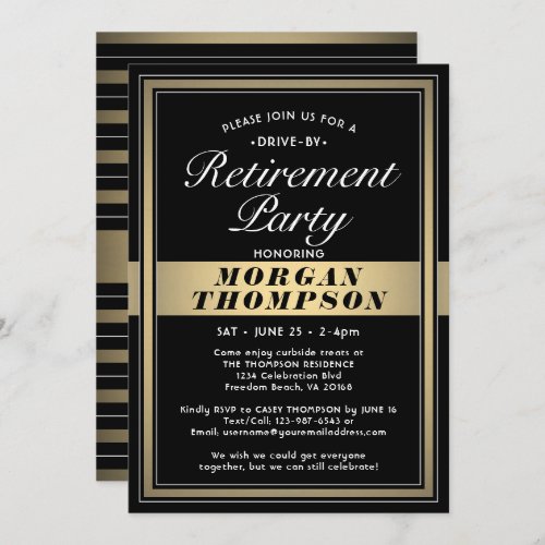 Drive_By Retirement Party Black White and Gold Invitation