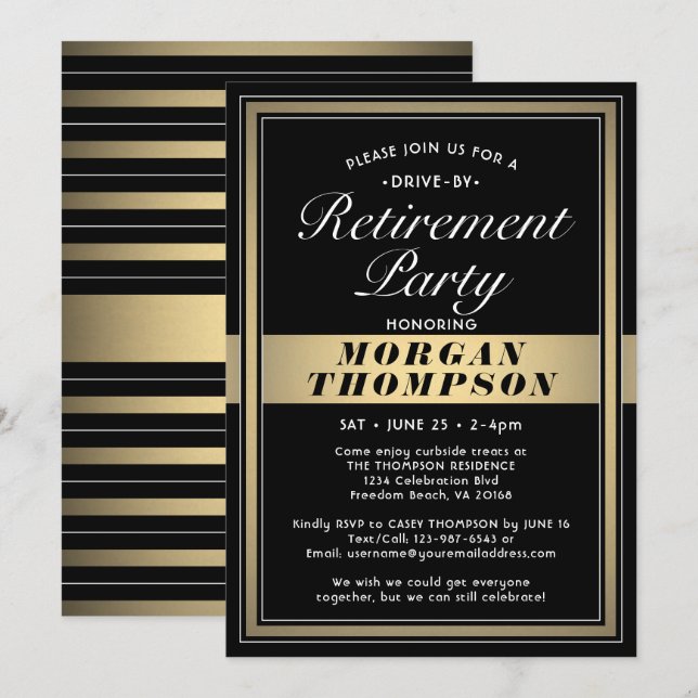 Drive-By Retirement Party Black White and Gold Invitation (Front/Back)