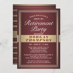 Drive-By Retirement Party Burgundy Red Gold White Invitation