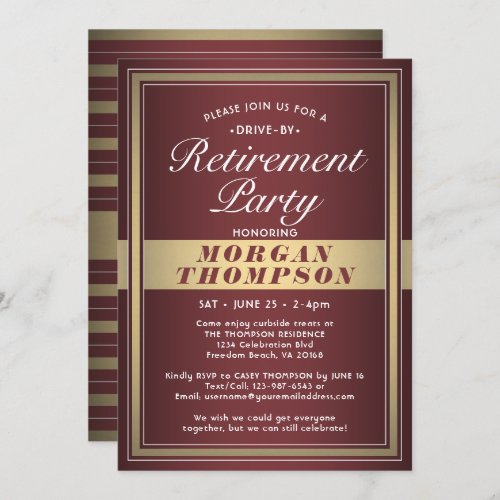Drive_By Retirement Party Burgundy Red Gold White Invitation