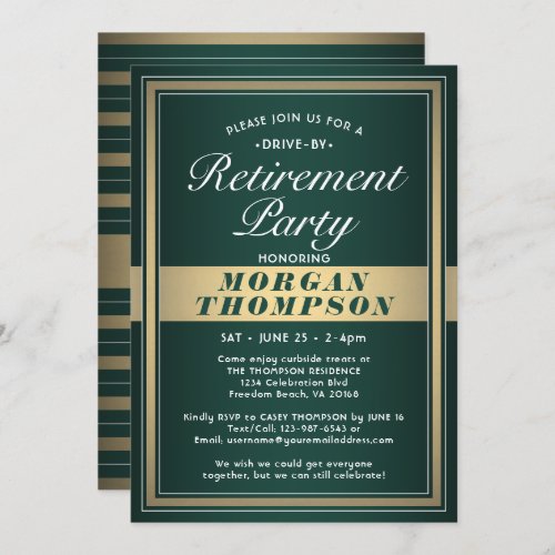 Drive_By Retirement Party Green White and Gold Invitation