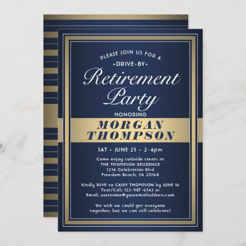 Drive_By Retirement Party Navy Blue White and Gold Invitation