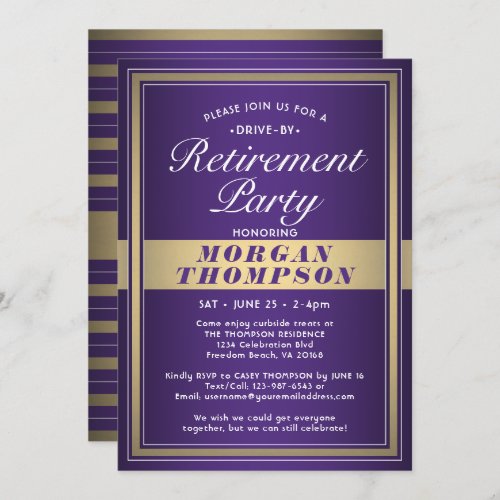 Drive_By Retirement Party Purple White and Gold Invitation