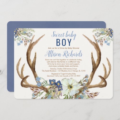 Drive_by rustic antlers blue green floral boy baby invitation