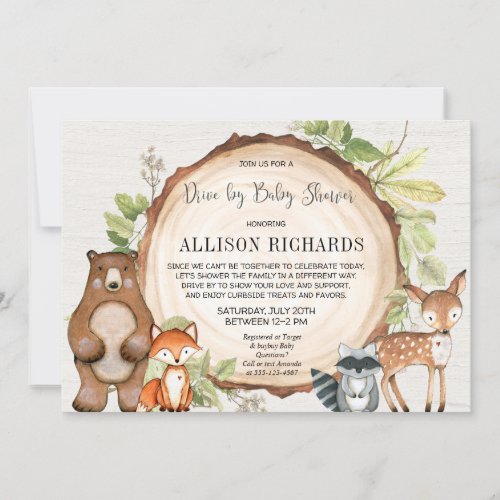 Drive by rustic woodland animals baby shower invitation